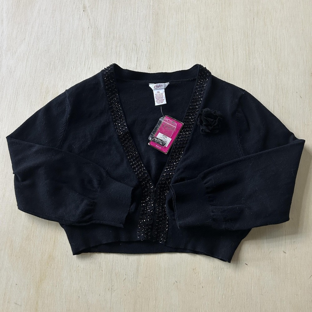 Candies Sweater Shrug Juniors XL Black V Neck Beaded Open Knit Party Bolero